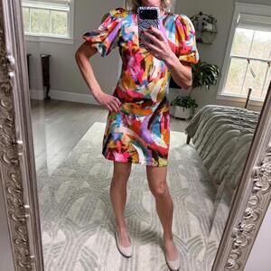 Willa Story Women's Mini Dress | Colorful Abstract Print | Puff Sleeve Size S
